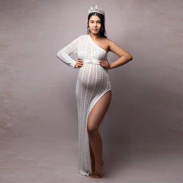MQTIME  -  Off-the-shoulder Knitted Maternity Photo Shoot Long Dresses Hollow Out Lace Pregnancy Photography Dress Sides Slit Stretchy
